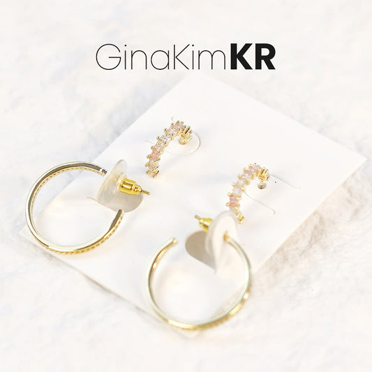 Blush Beam Earring Set displayed on branded GinaKimKR card, featuring three gold earrings with soft blush accents.