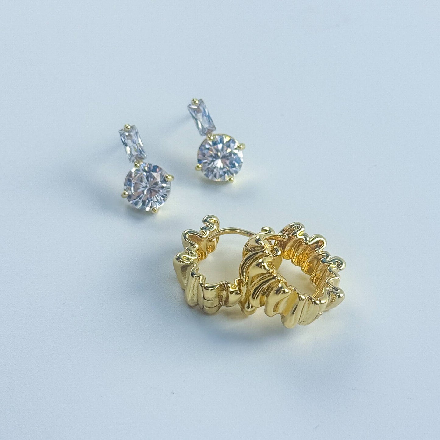 Close-up view of the Gleam Ripple Earring Set featuring CZ studs and textured hoops, set against a clean white background.