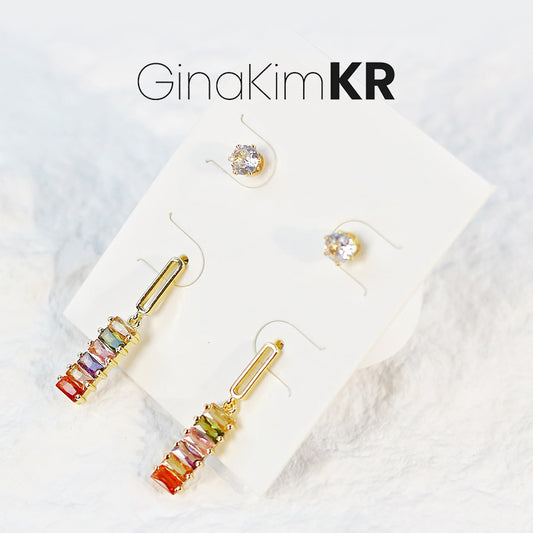 Lightfall Duo Earring Set in multicolor displayed on GinaKimKR card, featuring two pairs with gold and colored bead accents.