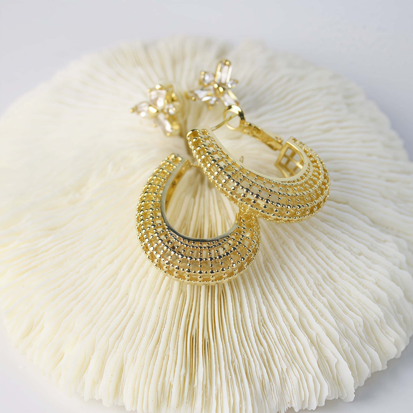 Gold hoop and CZ stud earrings on soft ivory coral background – Royal Glow Duo Earring Set by GinaKimKR