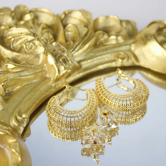 Gold beaded hoop and CZ stud earrings on ornate mirror – Royal Glow Duo Earring Set by GinaKimKR