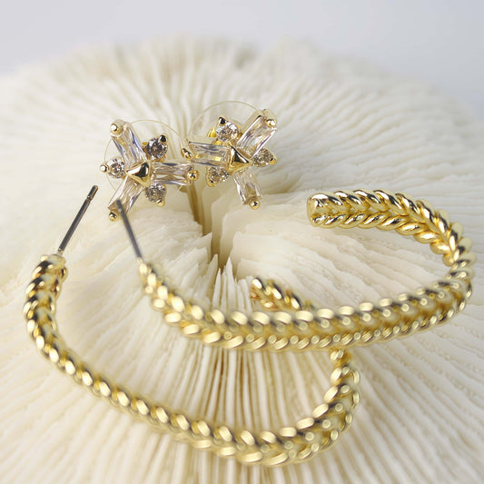 Gold twist hoop earrings and crystal floral studs on ivory coral – Twist Bloom Earring Set by GinaKimKR