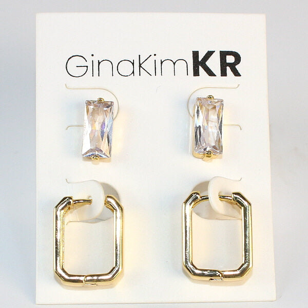Crystal Line Duo earrings styled together on textured background – structured and elegant 2-pair set