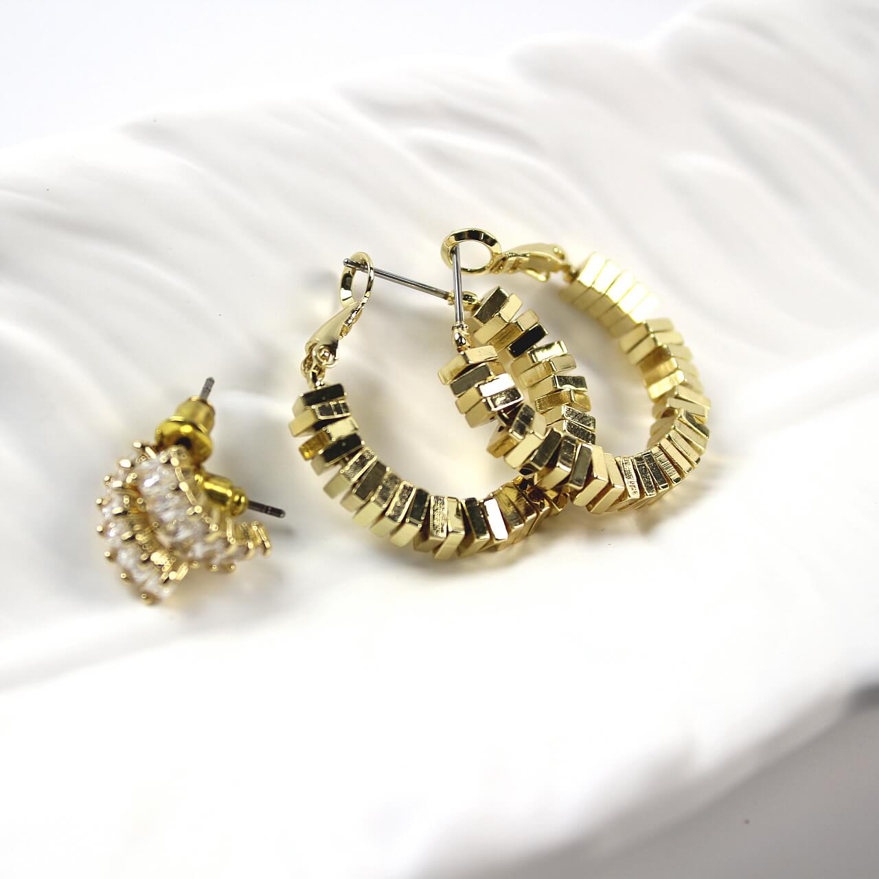 Duo earring set with geometric gold spark hoops and rectangle CZ stud earrings in 14K plating