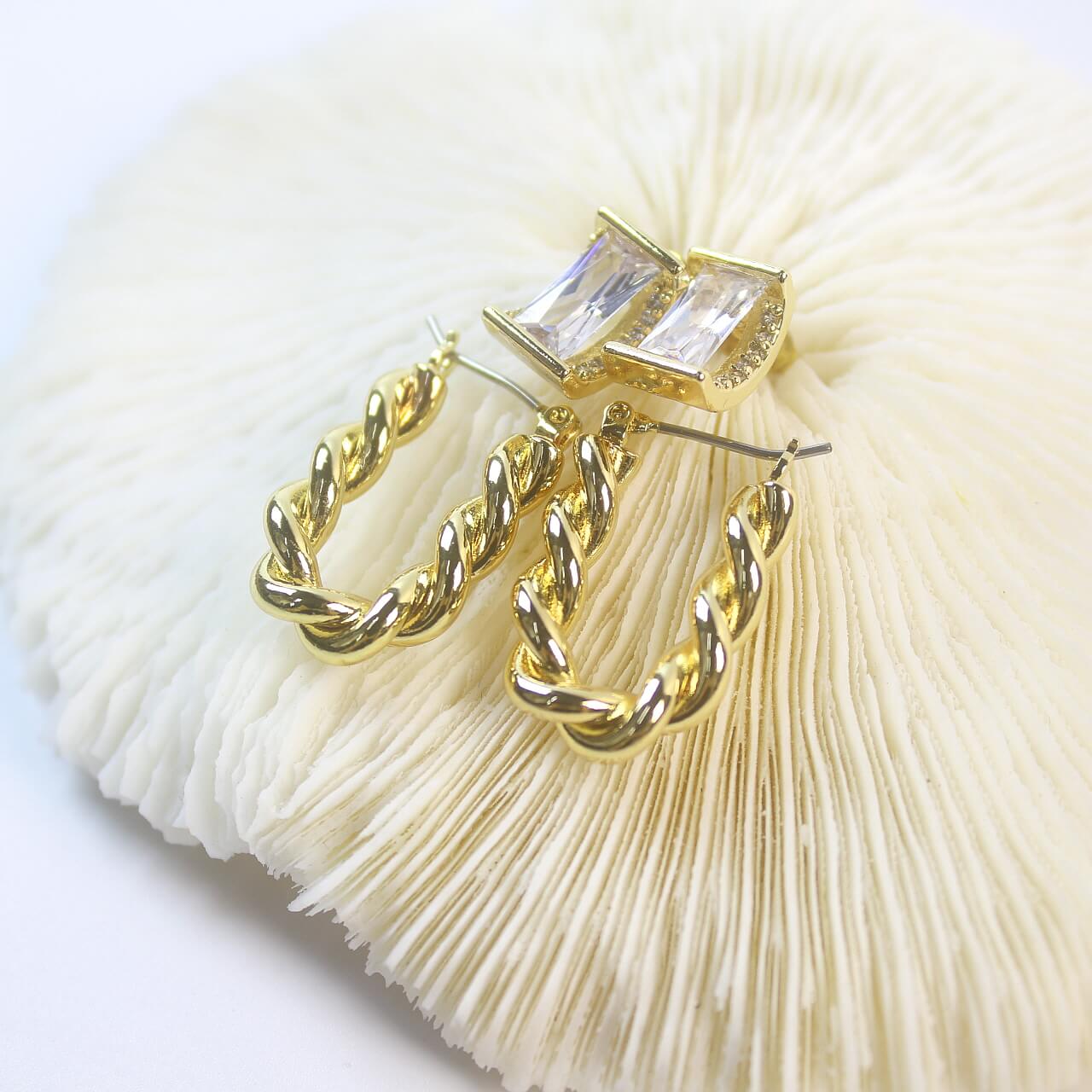 Duo earring set with gold rope twist hoops and crystal window studs displayed on textured background by GinaKimKR