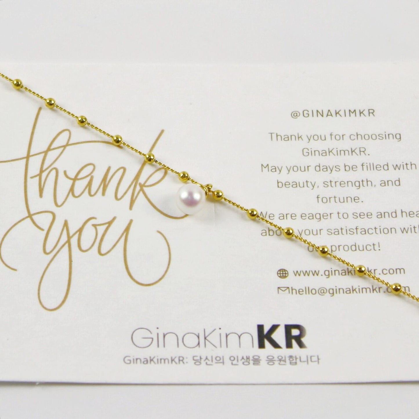 GinaKimKR Evergold Pearl Dotted Bracelet with branded packaging, showcasing refined Korean jewelry design.
