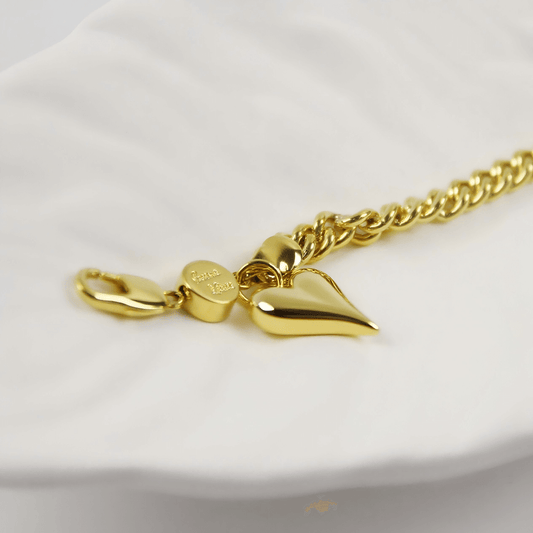 Close-up of Evergold Twin-Link Heart Bracelet | by GinaKimKR with 18kt waterproof plating and heart charm.