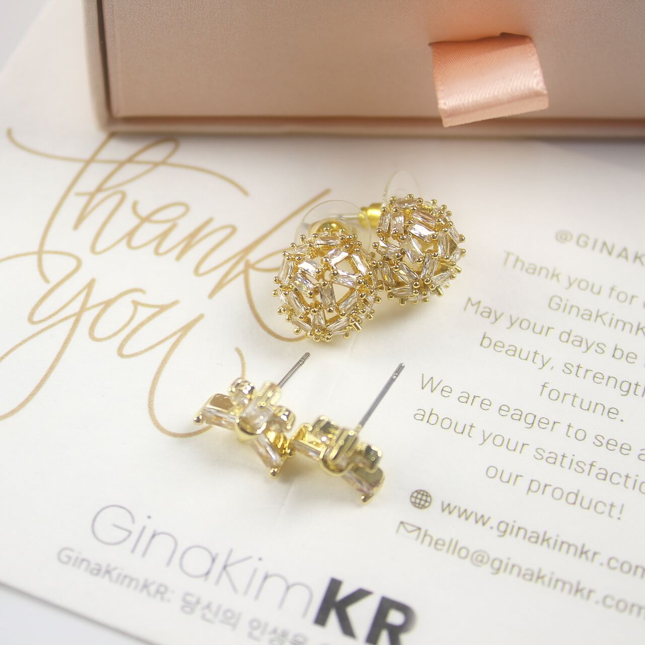 Frostlight Earring Set with snowflake and dome crystal studs displayed on GinaKimKR packaging card, 14K gold plated