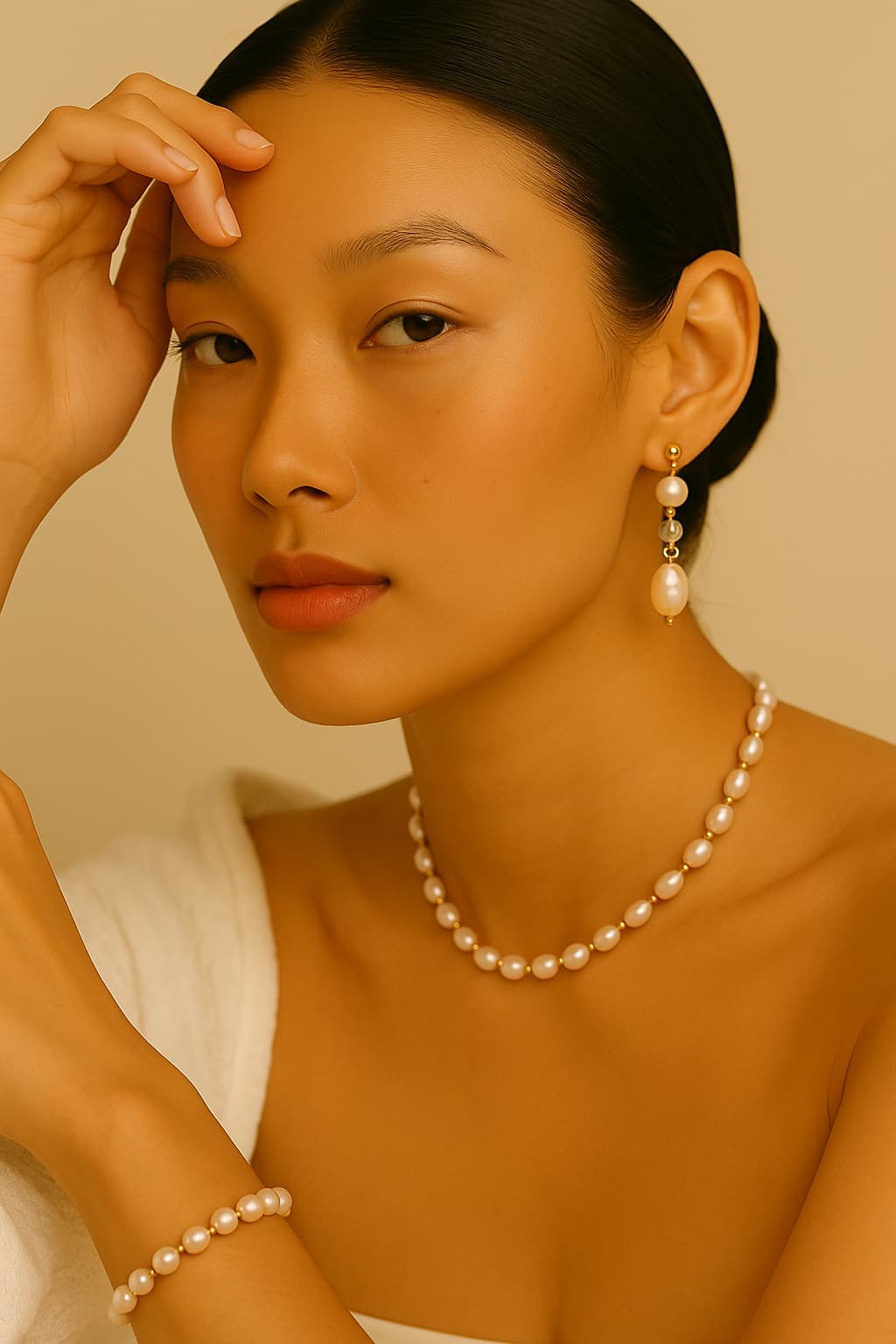 Elegant woman wearing a pearl necklace, matching bracelet, and drop earrings with gold details. She poses in a soft beige setting, creating a refined and timeless look