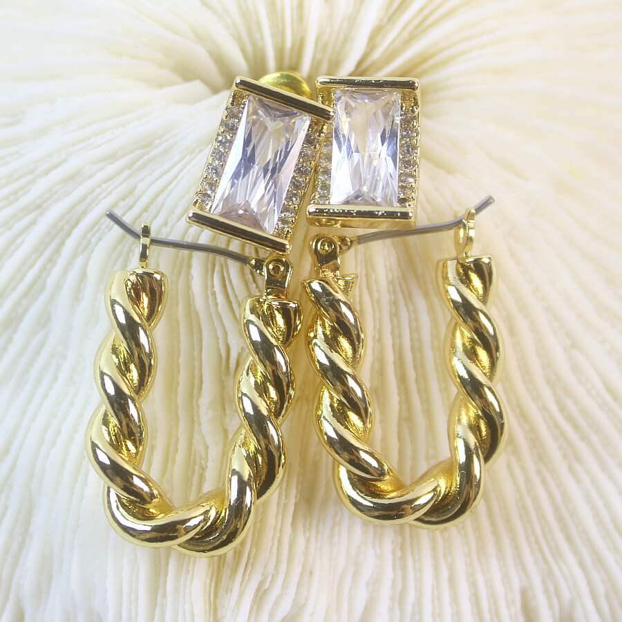 Twisted rope hoop earrings paired with crystal window stud earrings, 14K gold plated by GinaKimKR