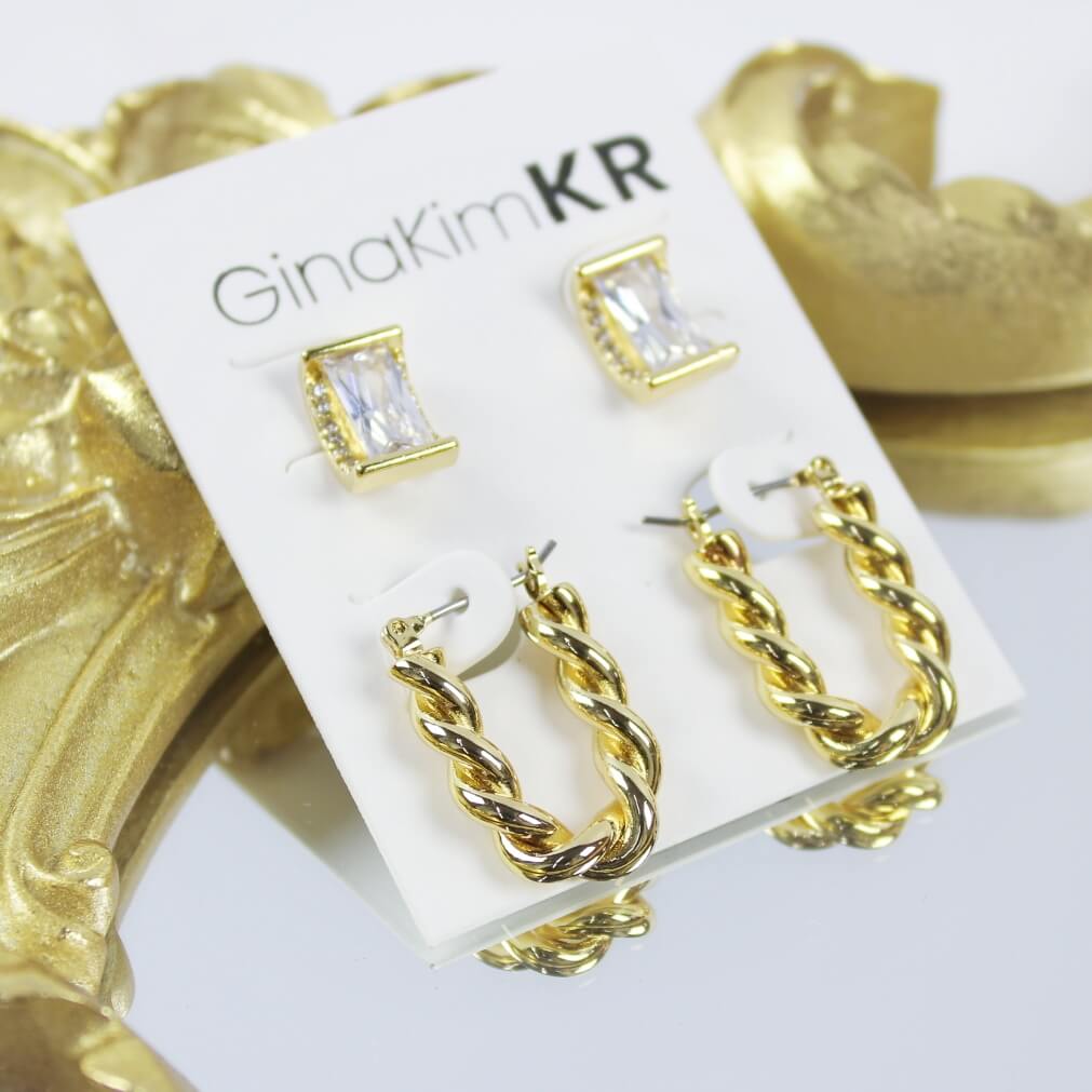 Crystal window CZ studs and twisted rope hoop earrings displayed with gold accents by GinaKimKR
