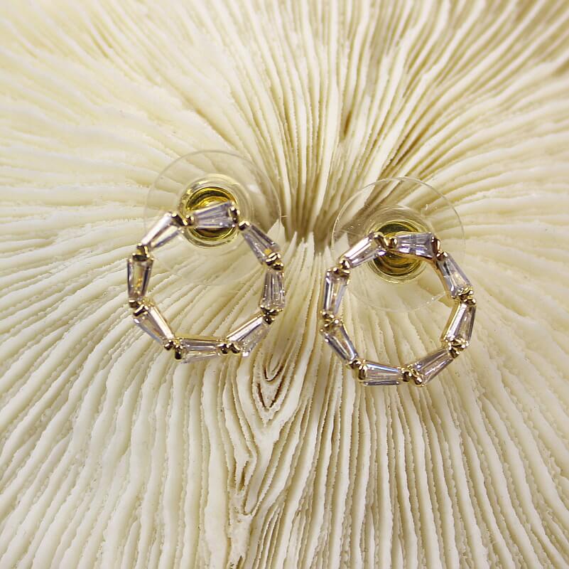Detailed view of CZ round stud earrings from GinaKimKR Golden Circle Duo set, 13.5mm design with sparkle
