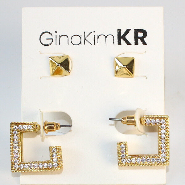 Golden Structure Set by GinaKimKR – front-facing view of pyramid gold studs and crystal CZ square earrings on branded card
