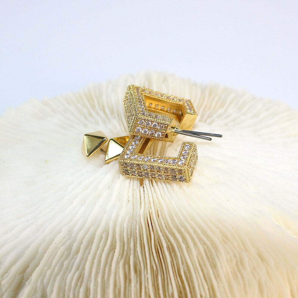 Golden Structure Set earrings styled together – crystal CZ square hoops with pyramid studs