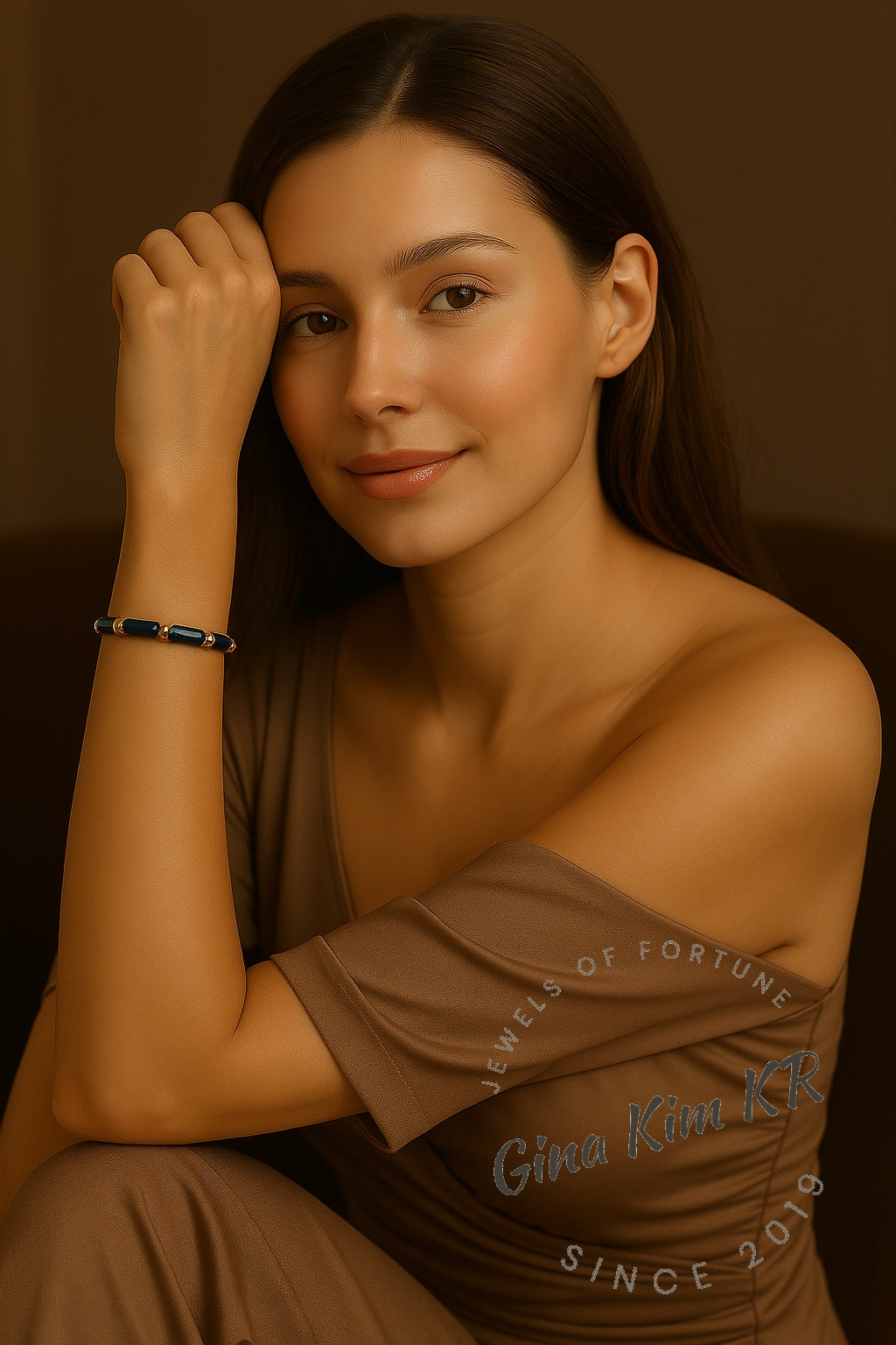 Model wearing the Midnight Focus Onyx bracelet. A minimalist unisex jewelry piece elegantly adorning the wrist