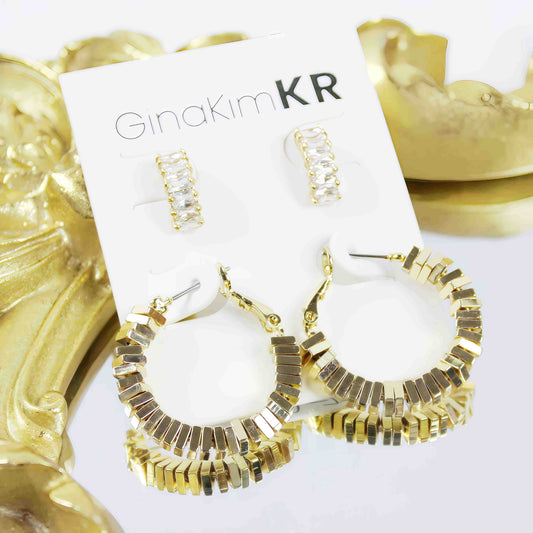 GinaKimKR Radiant Duo Earring Set displayed on branded card with gold spark hoops and CZ studs