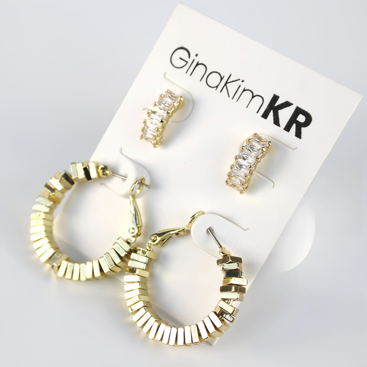 Radiant Duo Earring Set featuring 14K gold plated hoops and CZ rectangle stud earrings by GinaKimKR