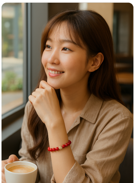 A natural red jasper stretch bracelet with gold-plated CZ bead, worn on the wrist. Designed for grounding and vitality by GinaKimKR.