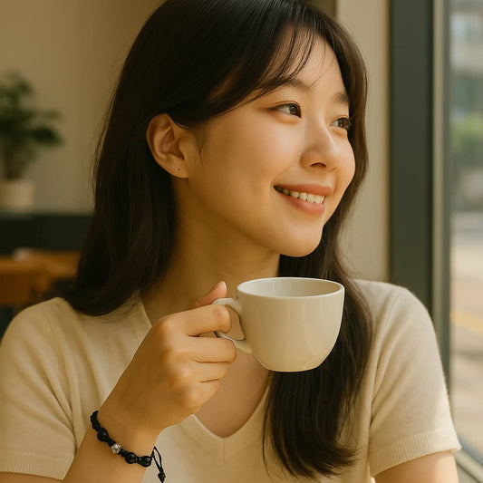A Korean woman with long dark hair enjoys a morning coffee by the window, wearing the Shadow Guard Bracelet by GinaKimKR — a handmade black onyx macramé bracelet with a central CZ bead. Calm and empowering.