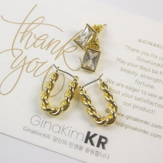 Duo earring set featuring crystal window CZ studs and twisted rope hoop earrings on GinaKimKR thank you card