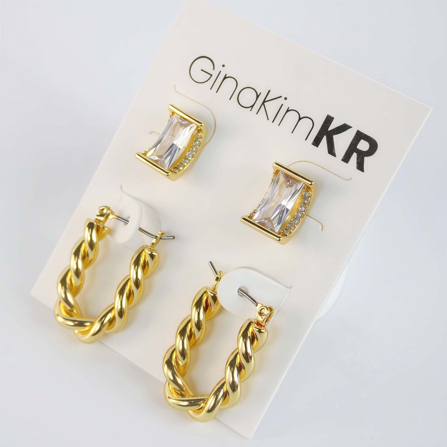 Tangled Gleam Earring Set by GinaKimKR with crystal window stud earrings and twisted gold rope hoop earrings, 14K gold plated