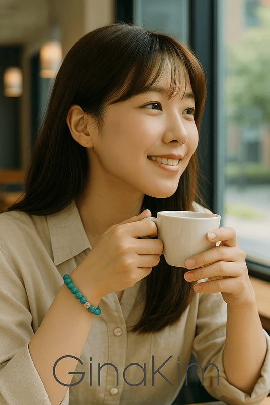 A woman wearing the Turquoise Fortune Bracelet by GinaKimKR, featuring calming turquoise beads and a gold CZ bead. Light, serene, and refreshing.