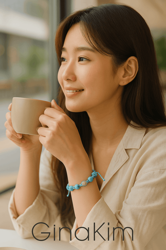 A woman wearing the Turquoise Glow Macramé Bracelet by GinaKimKR, showcasing soothing turquoise beads and shimmering gold CZ accents. Adjustable cord offers a secure and comfortable fit.