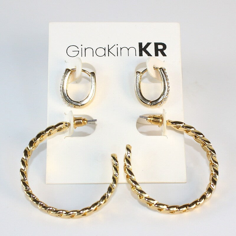 Front-facing view of GinaKimKR Urban Gleam Duo – bold chain hoop and CZ crystal huggie earrings