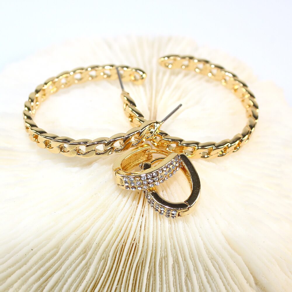 op view of Urban Gleam Duo earring set – CZ huggies and chain hoops paired for contrast
