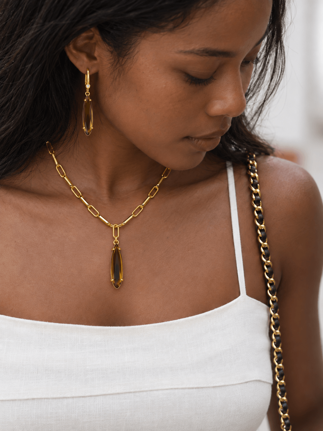 Smoky Chocolate Long Drop Jewelry Set | GinaKimKR