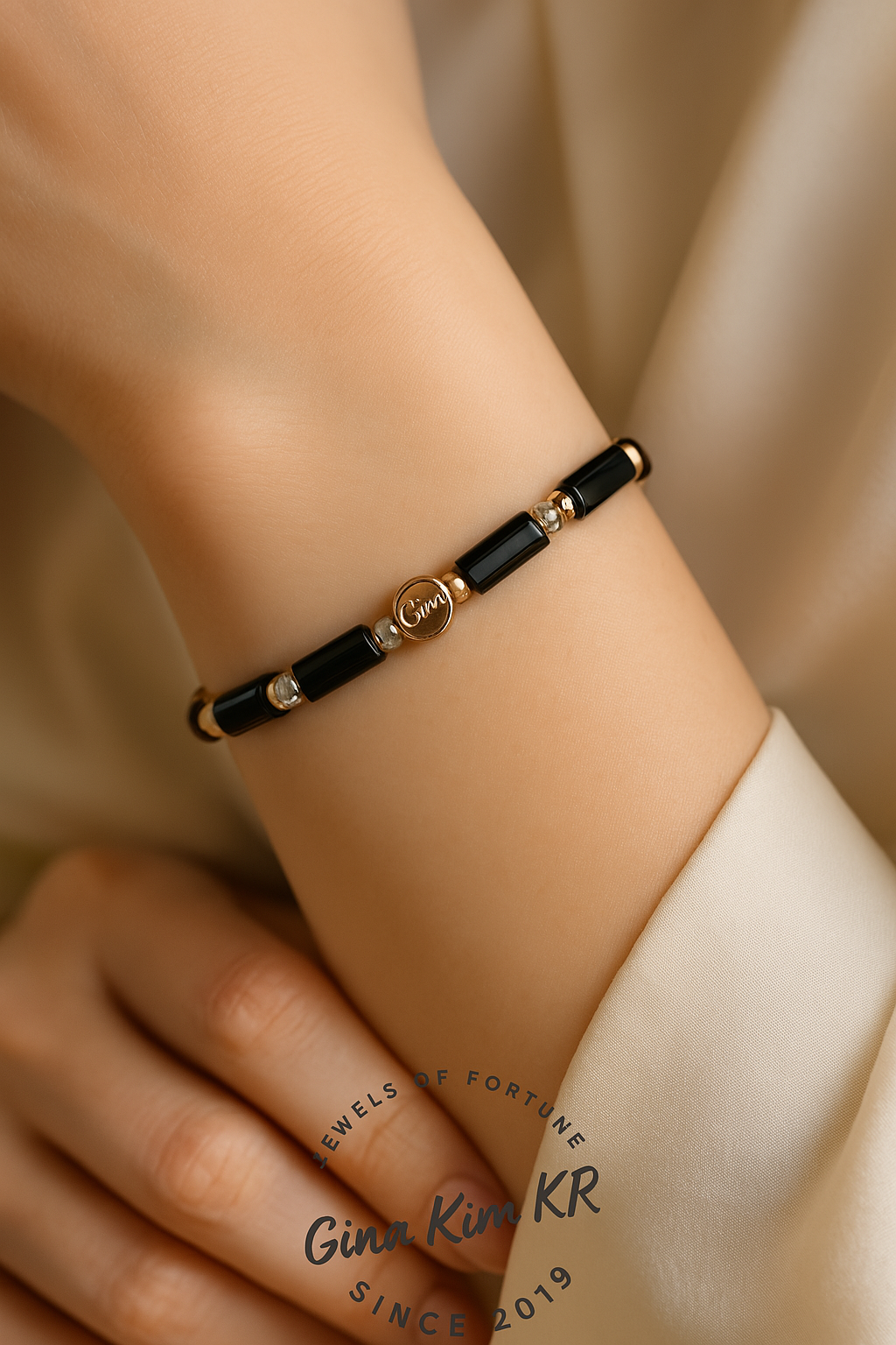 Minimalist onyx bar bead bracelet with Crystal CZ ball & GinaKim gold-plated charm, unisex stretch design