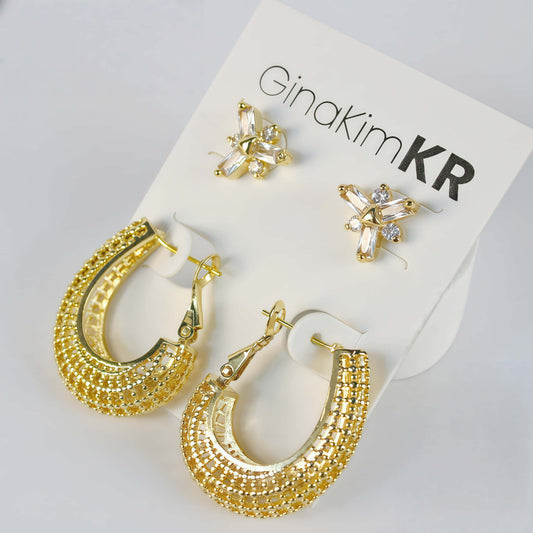 Gold hoop earrings and CZ floral studs displayed on GinaKimKR branded card – Royal Glow Duo Earring Set