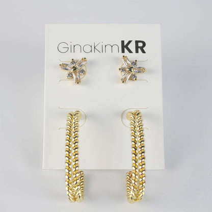 Front view of gold twist hoop earrings and CZ floral studs on GinaKimKR card – Twist Bloom Earring Set