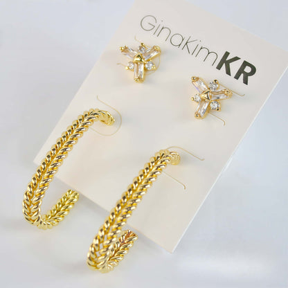 Gold twist hoop earrings and CZ floral studs displayed on GinaKimKR card – Twist Bloom Earring Set