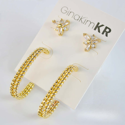 Gold twist hoop earrings and CZ floral studs displayed on GinaKimKR card – Twist Bloom Earring Set
