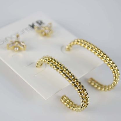 Side view of gold twist hoop earrings and CZ floral studs on GinaKimKR card – Twist Bloom Earring Set