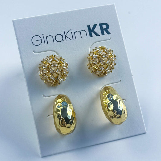 GinaKimKR Golden Radiance Earring Set on display card. Features hammered gold drop earrings and crystal studs with premium gold-tone finish.