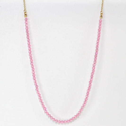 Full view of Blossom Light Necklace with pink CZ beads and gold chain