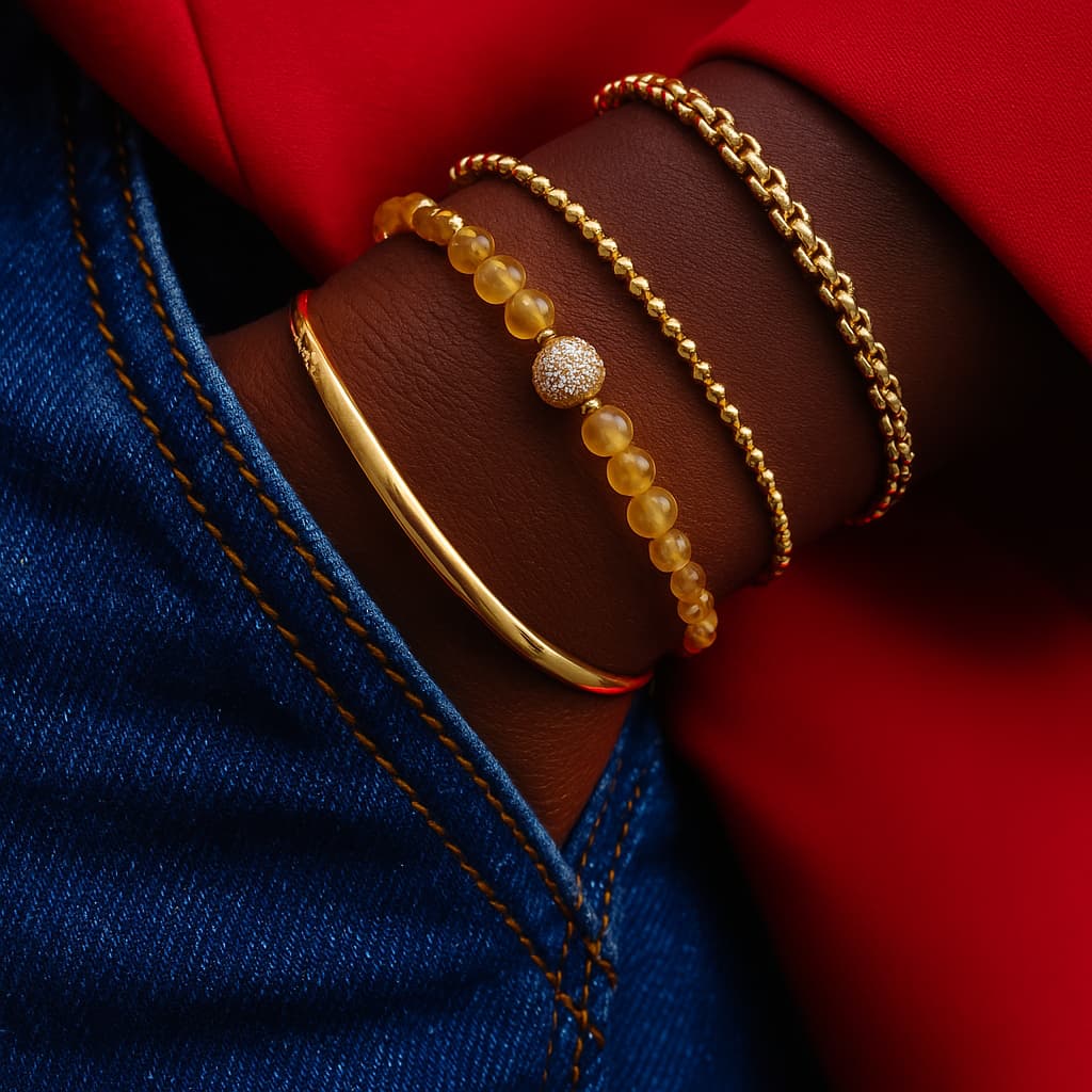 A woman wearing the Citrine Fortune Bracelet by Gina Kim, featuring yellow citrine beads and gold accents. Radiant, uplifting, and elegant.