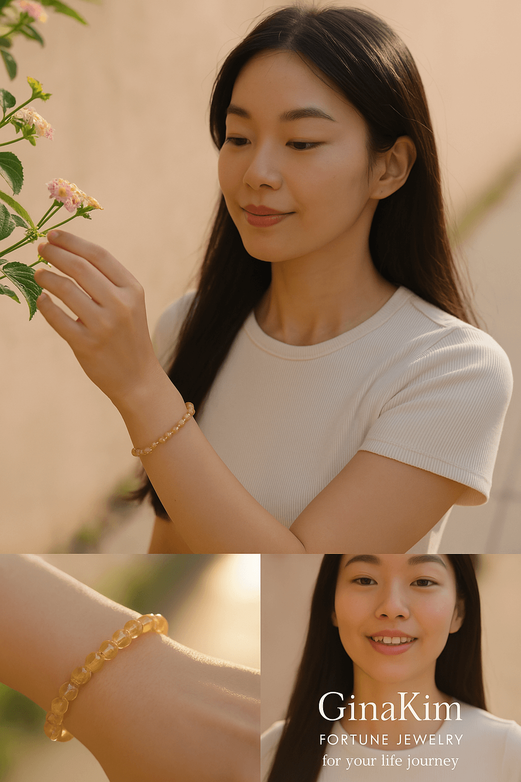 A woman wearing the Citrine Fortune Bracelet by Gina Kim, featuring yellow citrine beads and gold accents. Radiant, uplifting, and elegant