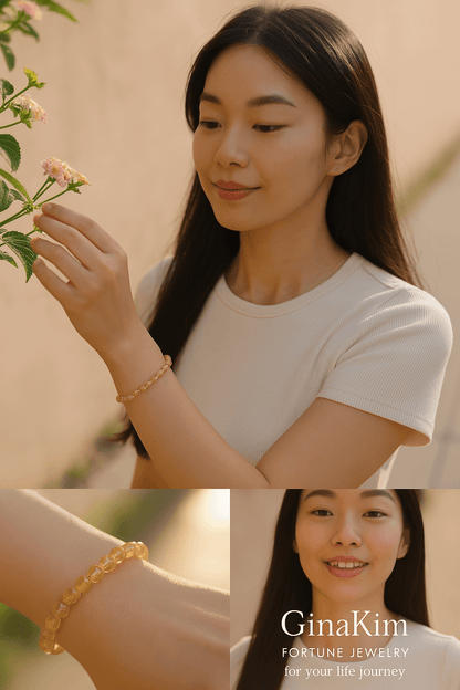 A woman wearing the Citrine Fortune Bracelet by Gina Kim, featuring yellow citrine beads and gold accents. Radiant, uplifting, and elegant