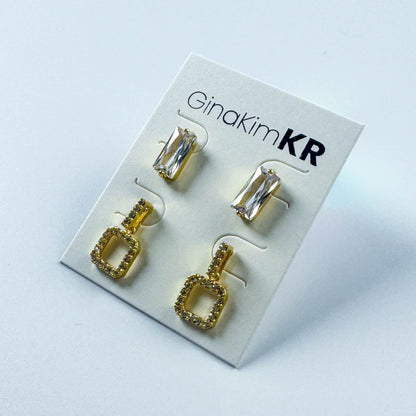 Crystal Edge Duo Earring Set by GinaKimKR featuring CZ drop earrings and rectangular studs, displayed at an angled front view