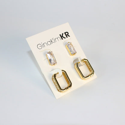 Front-facing view of Crystal Line Duo earring set by GinaKimKR – rectangular CZ studs and baguette hoops on white card


