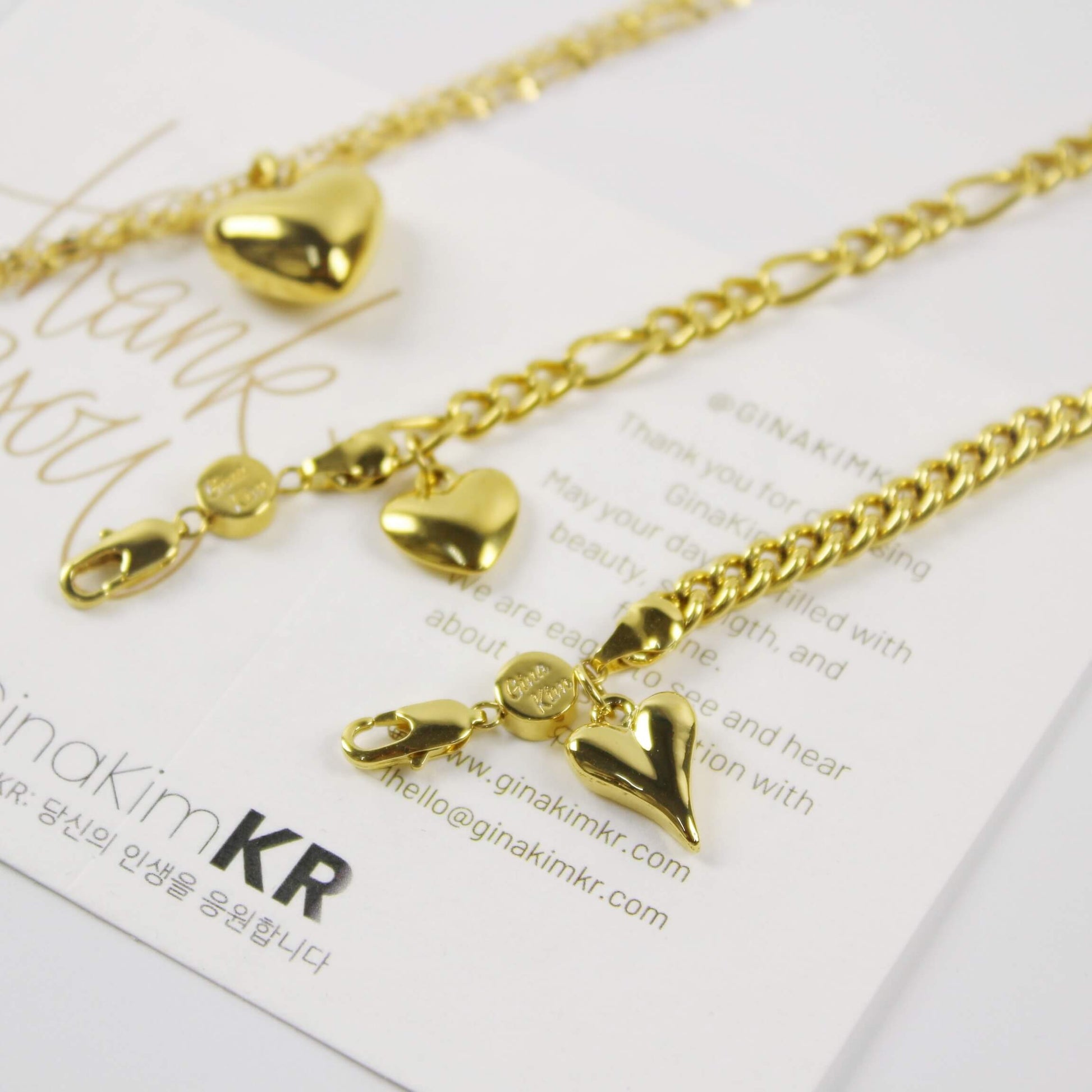 Evergold Twin-Link Heart Bracelet | by GinaKimKR displayed with other Evergold heart bracelets on thank you card.