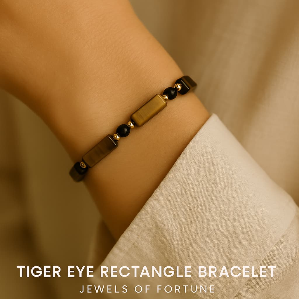 A female model wearing the Focus Strength Bracelet by Gina Kim, with rich Tiger’s Eye and deep Onyx beads accented by gold. Powerful and refined.