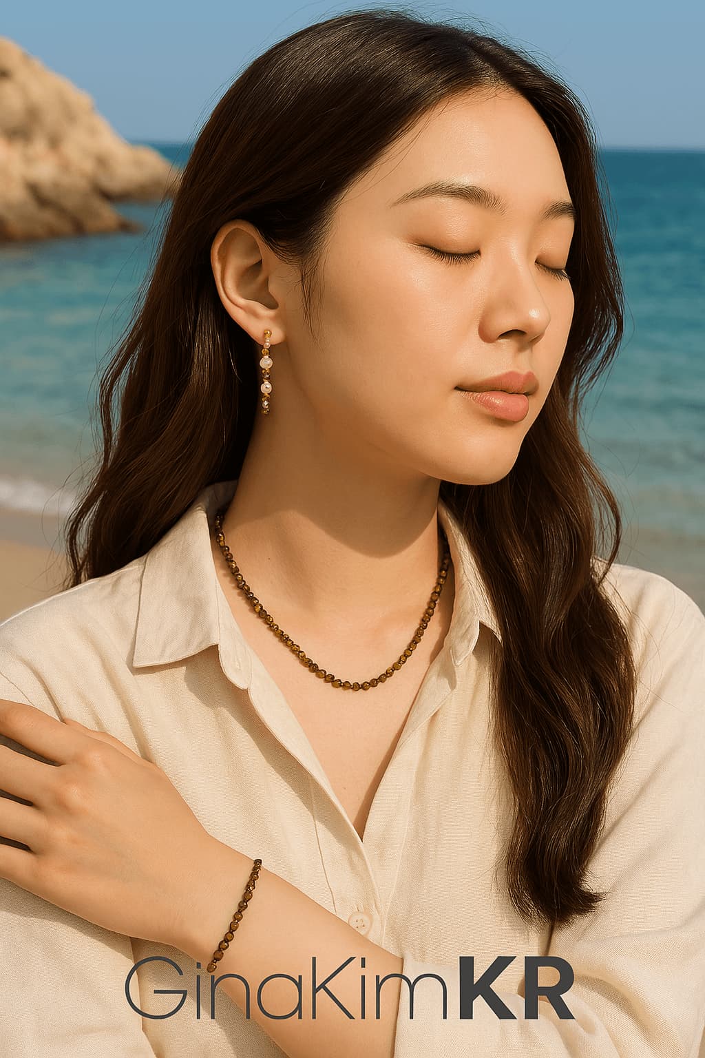 A woman wearing the Forest Light Necklace by Gina Kim, featuring deep green CZ sparkle and gold details. A refined, nature-inspired piece.
