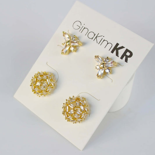Frostlight Earring Set by GinaKimKR featuring snowflake CZ studs and crystal dome stud earrings, 14K gold plated