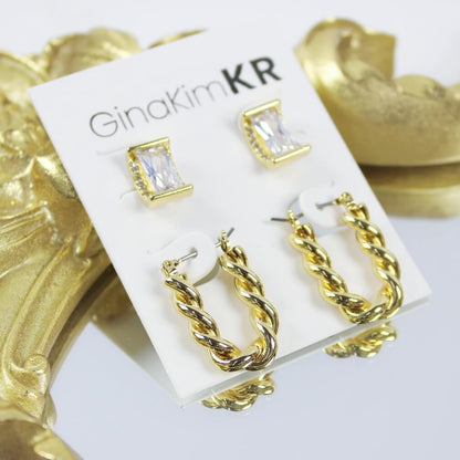 Crystal window CZ studs and twisted rope hoop earrings displayed with gold accents by GinaKimKR
