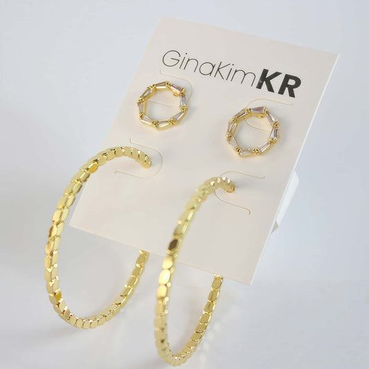 Golden Circle Duo Earring Set by GinaKimKR – 14K gold plated hoops with CZ round stud earrings