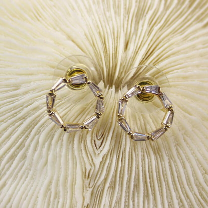 Detailed view of CZ round stud earrings from GinaKimKR Golden Circle Duo set, 13.5mm design with sparkle